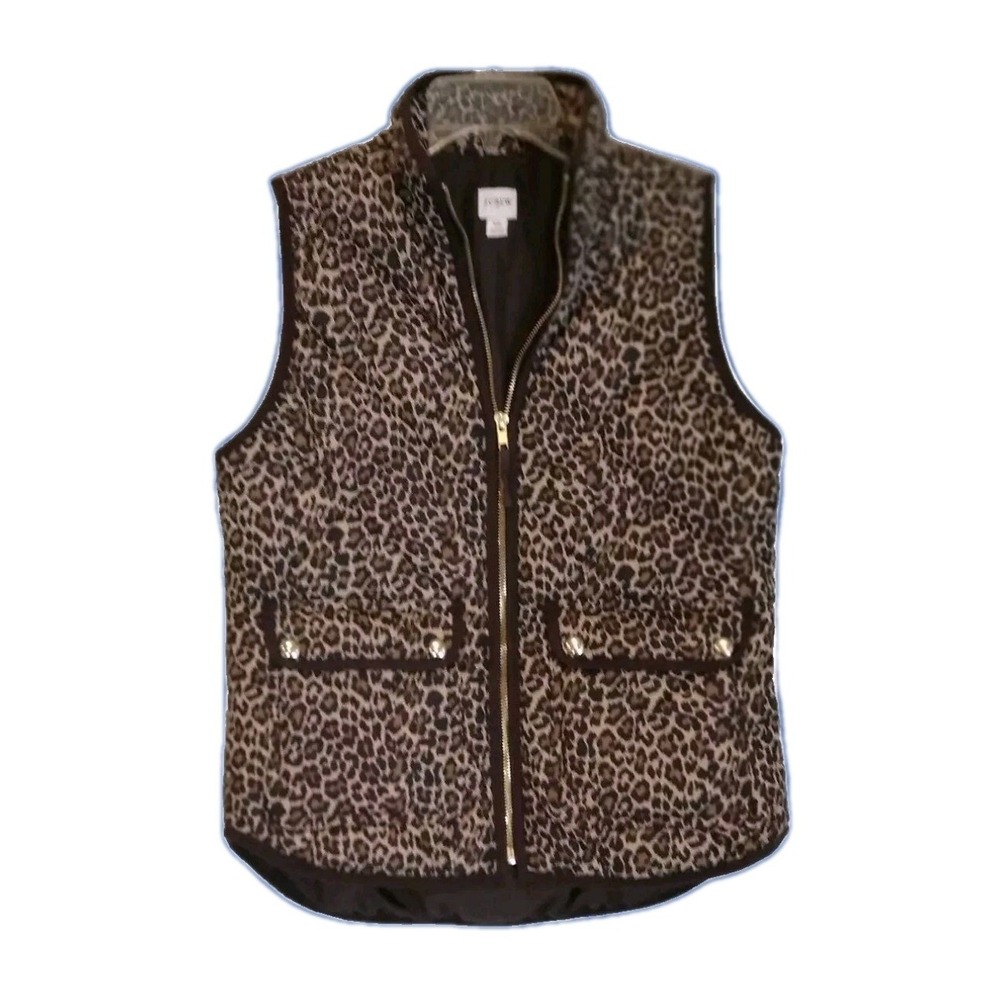 J.Crew Leopard Print Excursion Quilted Puffer Vest Brown XS Animal Print Zip Up